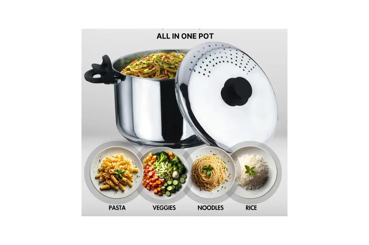 Stainless steel kitchen pot displaying SAS bottom technology and ergonomic handles