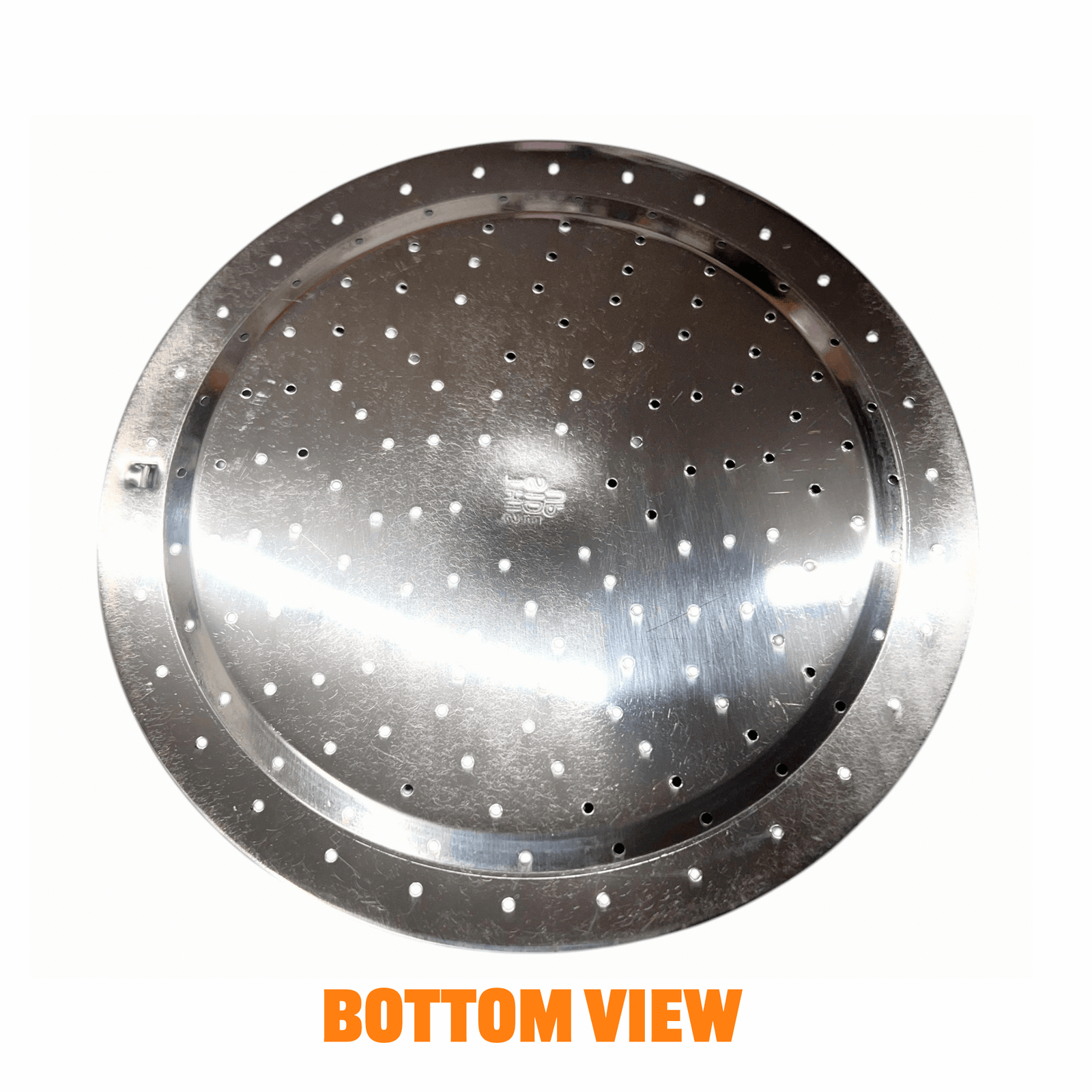 Bottom view of a stainless steel rice cooking plate with holes for even steam distribution.