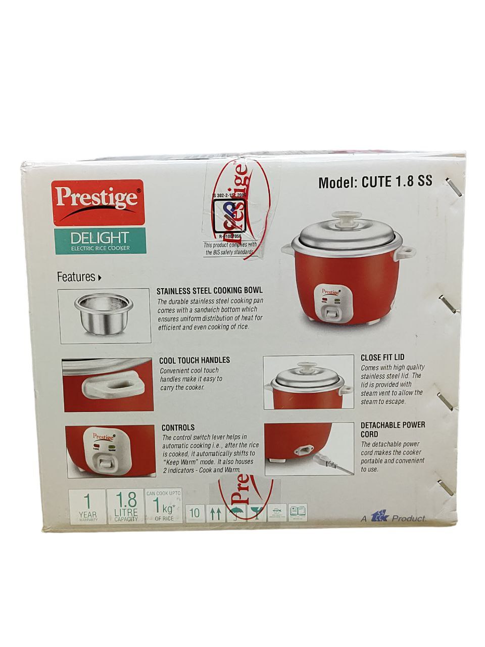 Prestige Delight Cute 1.8-SS Electric Rice Cooker | 1.8L Stainless Steel Pot, Keep-Warm Feature, Cool-Touch Handles | Versatile & Efficient Kitchen Essential