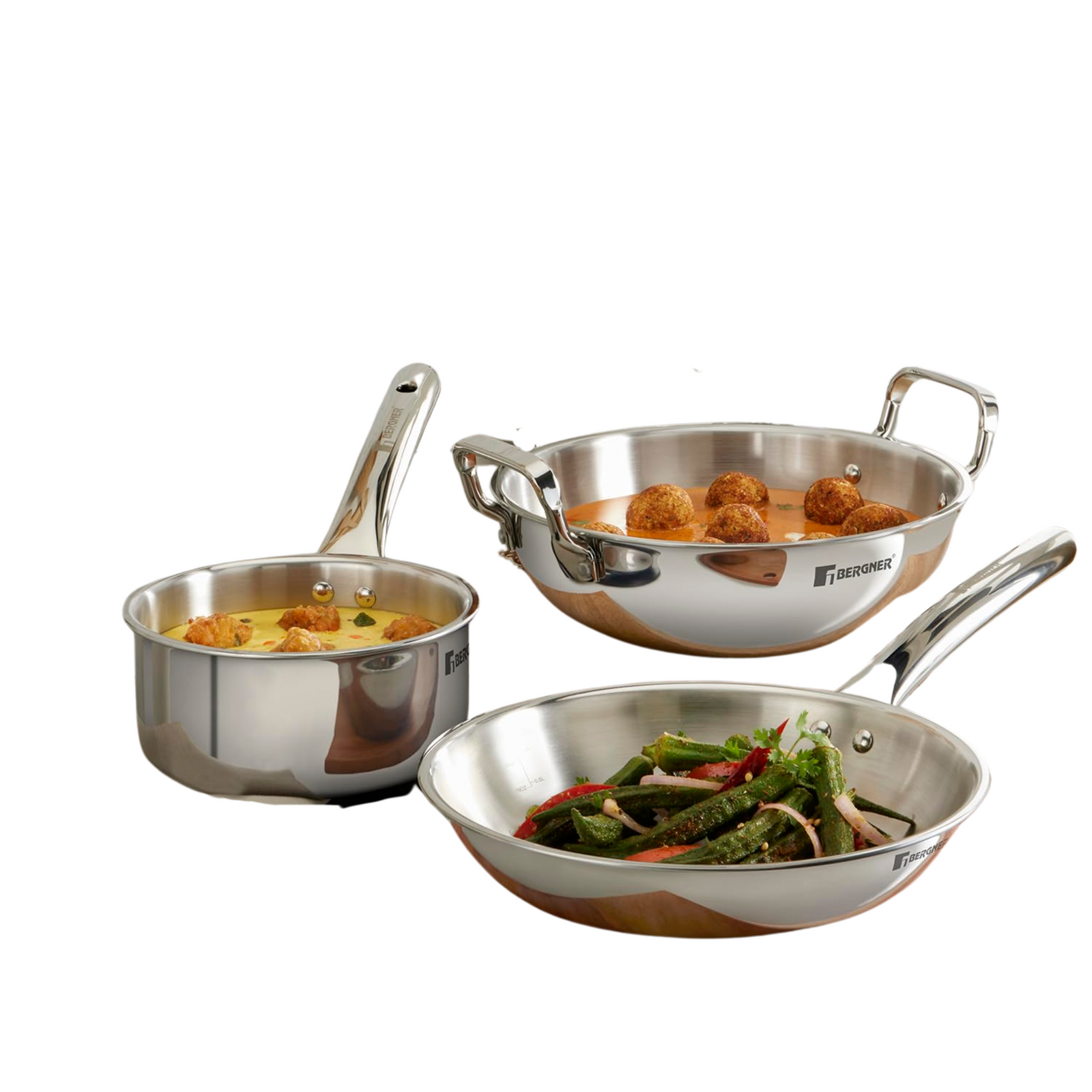 Bergner Tripro Triply Stainless Steel 3 Pc Cookware Set, 22 cm Indian Wok/Kadai, 22 cm Frypan, 14 cm Tea Pan, Even and Fast Heating, Induction Bottom, Gas Ready, Silver