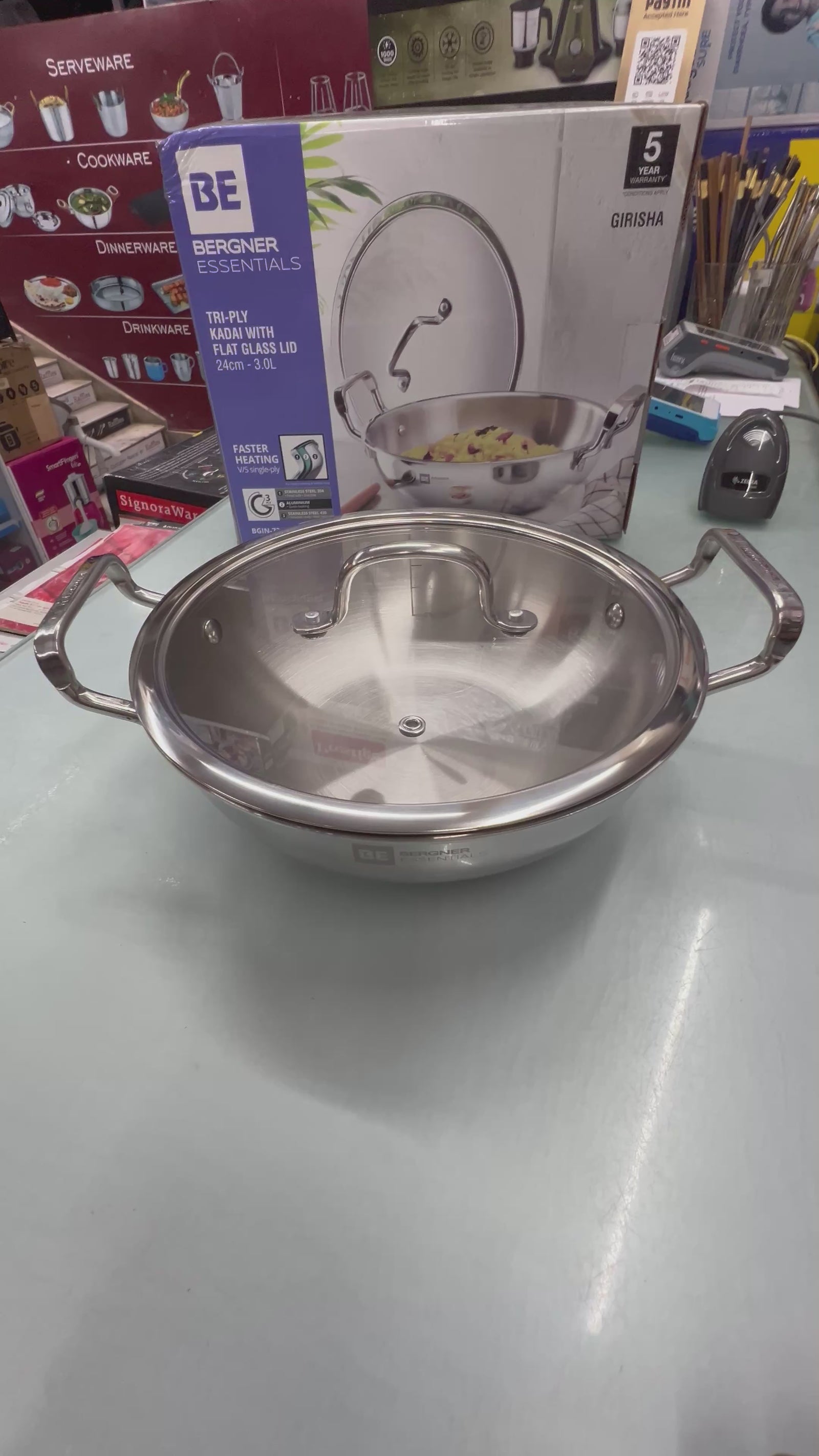 Bergner BE Essentials Tri-Ply Stainless Steel Kadai with Glass Lid | Induction Compatible | 5-Year Warranty