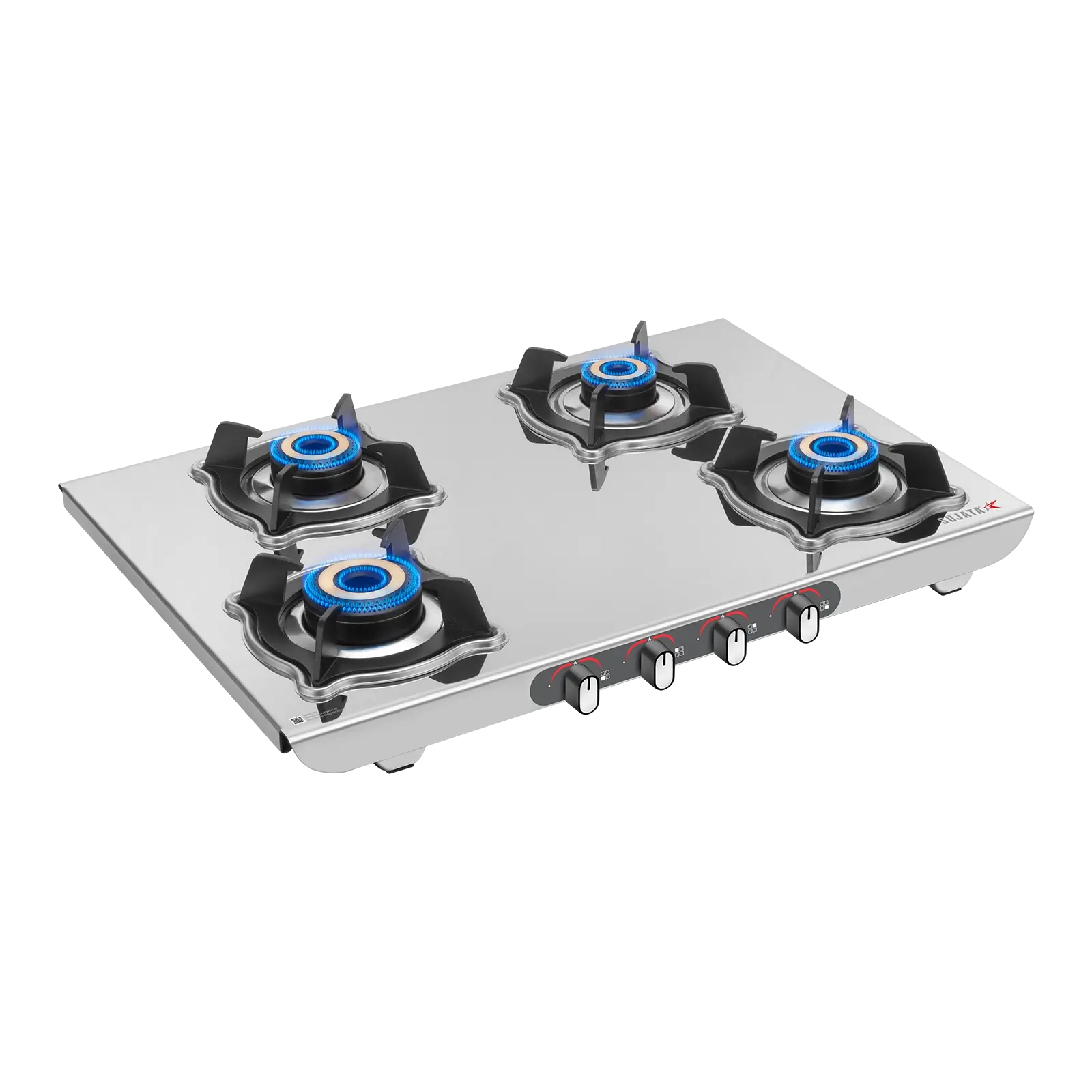 Sujata Sterno 4 Burner Stainless Steel Gas Stove โ 2 mm SS Body, SABAF Valve, 9 Year Warranty