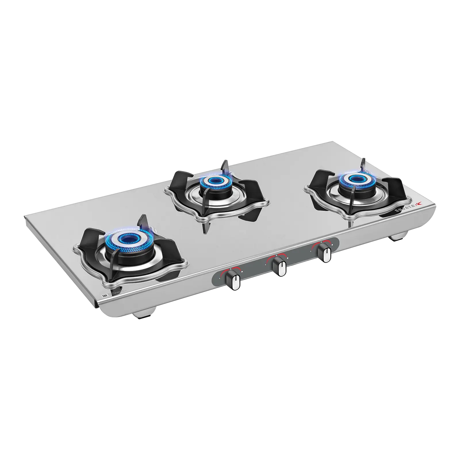 Sujata Sterno 3 burner gas stove 2 mm glossy stainless steel body side angle