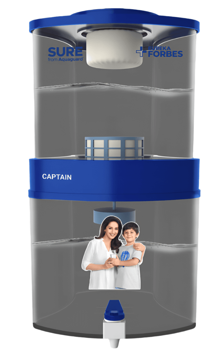 Aquaguard SURE+ Captain Gravity Water Purifier with blue accents and transparent body