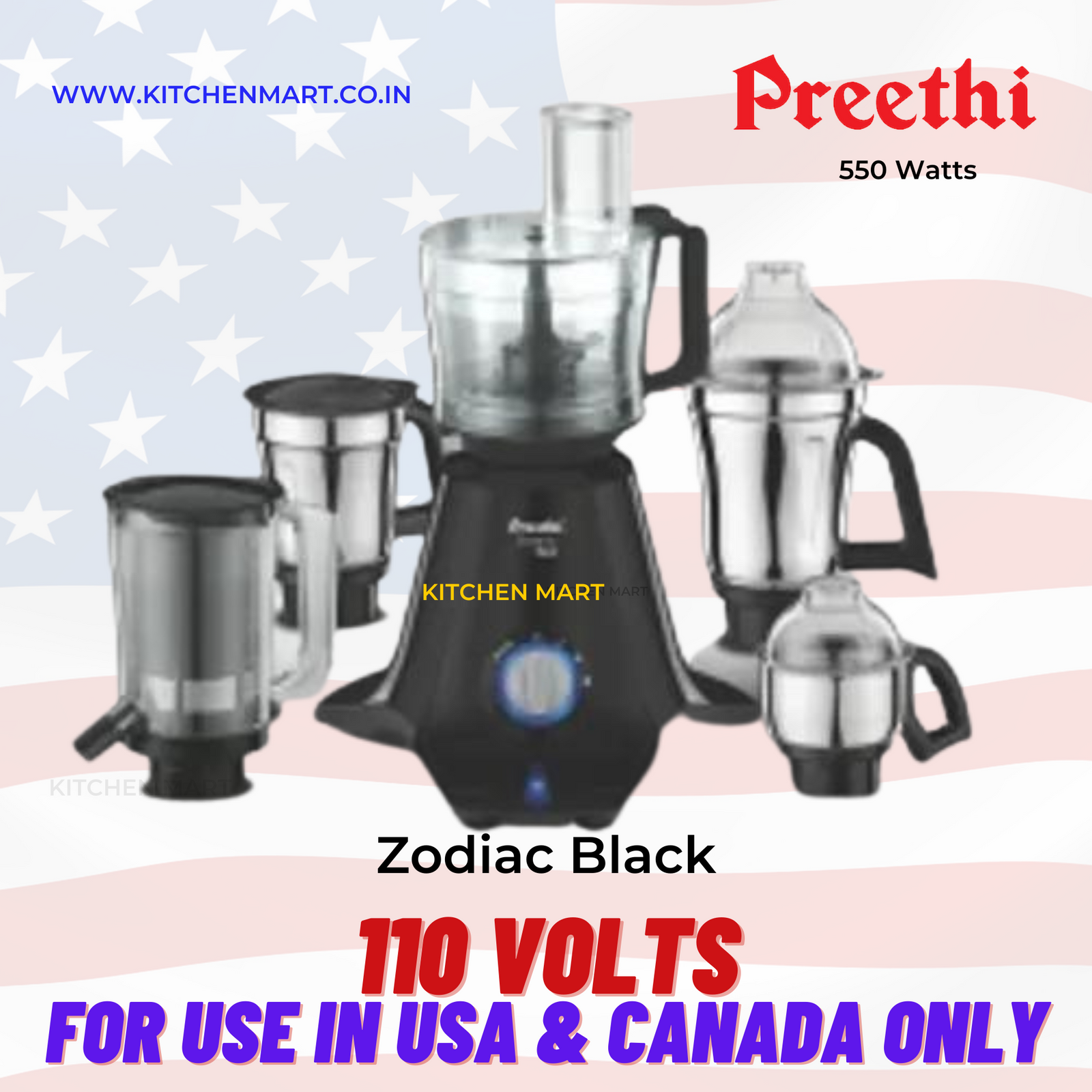 Preethi Zodiac BLACK 550-Watt Mixer Grinder with 5 Jars (110 Volts for use in USA & Canada only)