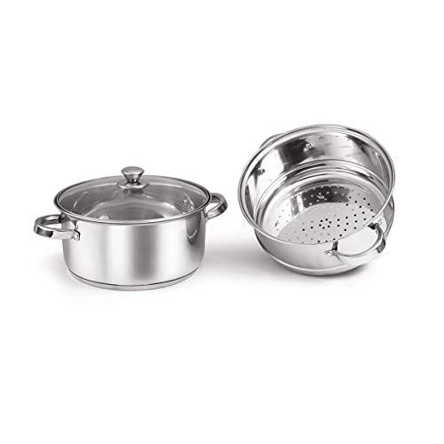 SignoraWare All Rounder Stainless Steel Induction Bottom Steamer/Modak/Momo Maker with Glass Lid (20cm) 2 Tier, Set of 1