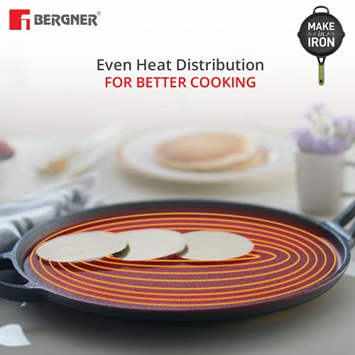 Bergner Elements Pre-Seasoned Cast Iron Tawa, 30 cm, Induction Friendly (Olive Green)