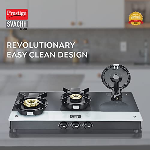 Prestige Svachh Duo GTSD 03 Toughened Glass with Liftable 3 Burners Gas Stove, Black, Manual Ignition