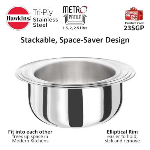 Hawkins Kitchen Gift Pack 2023 (23SGP) – 3-Piece Set (1.5L, 2L, 2.5L) Tri-Ply Stainless Steel Patila, Tope, Bhagona, Tapeli