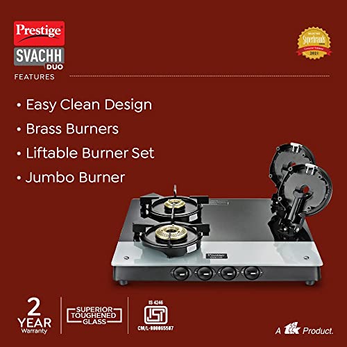 Prestige Svachh Duo GTSD 04 SQ Toughened Glass with Liftable 4 Burners Gas Stove, Black, Manual Ignition