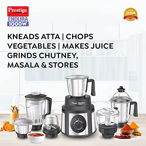 Prestige Endura 1000W Mixer Grinder, 6 Jars (1500 ml, 1000 ml, 1500 ml, 450 ml) (Black, Silver)