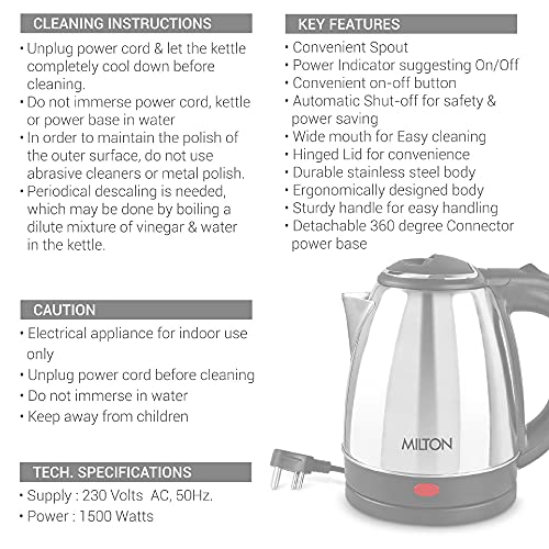 Milton Insta Electric 2000 Stainless Steel Kettle, 2 Litres, Silver