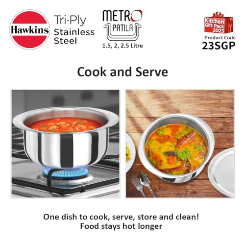 Hawkins Kitchen Gift Pack 2023 (23SGP) – 3-Piece Set (1.5L, 2L, 2.5L) Tri-Ply Stainless Steel Patila, Tope, Bhagona, Tapeli