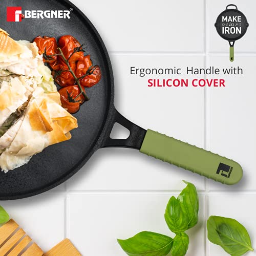 Bergner Elements Pre-Seasoned Cast Iron Tawa, 30 cm, Induction Friendly (Olive Green)