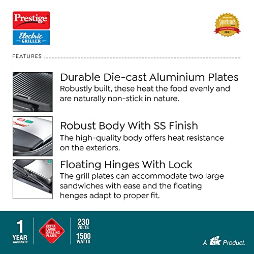 Prestige PEG 1.0 Electric Grill 1500 W with Detachable Oil Collector (Silver and Black)