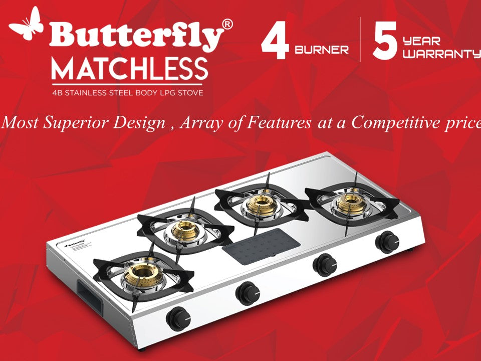 Butterfly Matchless Stainless Steel 4 Burner LPG Gas Stove | Manual ignition