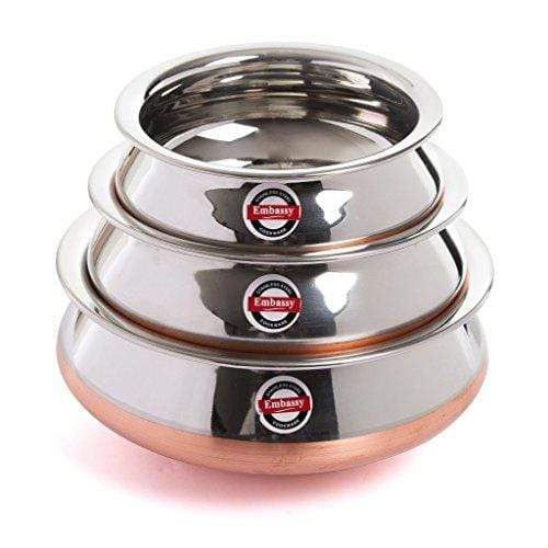 Embassy Stainless Steel Copper BottomPongal Handi (Rajasthani Design), Set of 3, Sizes 1-3 - 700, 1100 & 1700 ml - KITCHEN MART