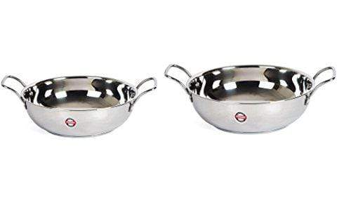 Embassy Stainless Steel Sandwich Bottom Kadhai, Set of 2, Sizes 11 & 13 (21 & 25 cms - 1400 & 2300 ml) - KITCHEN MART