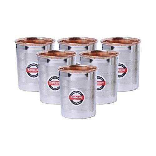 Embassy Water Glasses, Copper Interior and Stainless Steel Exterior, Pack of 6, 200 ml / Glass - KITCHEN MART