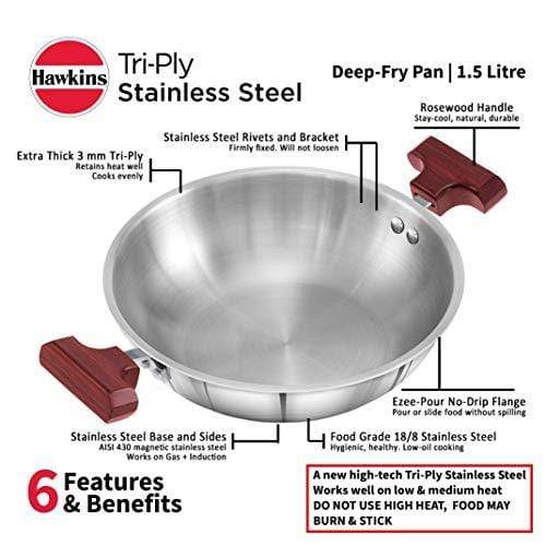 Hawkins Tri-ply Stainless Steel Deep-Fry Pan, 1.5 Litre - KITCHEN MART