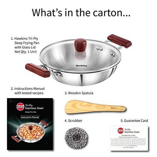 Hawkins Tri-ply Stainless Steel Deep-Fry Pan 2.5 Litre with Glass Lid - KITCHEN MART