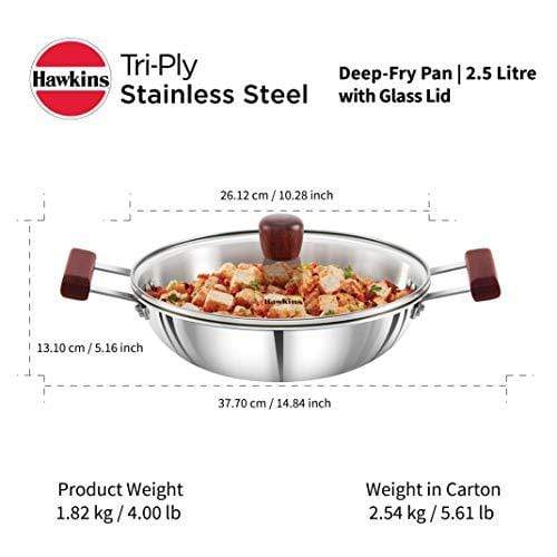 Hawkins Tri-ply Stainless Steel Deep-Fry Pan 2.5 Litre with Glass Lid - KITCHEN MART