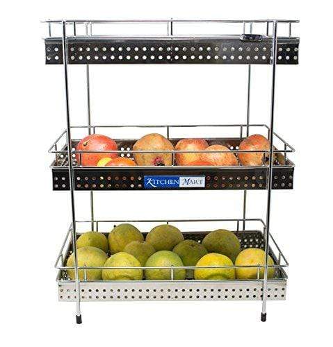 Kitchen Mart Fruit & Vegetable Trolley with / without Wheels, Rectangle, 3-Tier, Perfo Model, Stainless Steel (Multipurpose Kitchen Storage Rack / Shelf) - KITCHEN MART