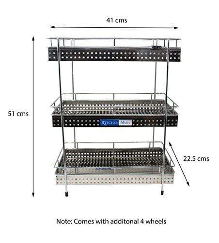 Kitchen Mart Fruit & Vegetable Trolley with / without Wheels, Rectangle, 3-Tier, Perfo Model, Stainless Steel (Multipurpose Kitchen Storage Rack / Shelf) - KITCHEN MART