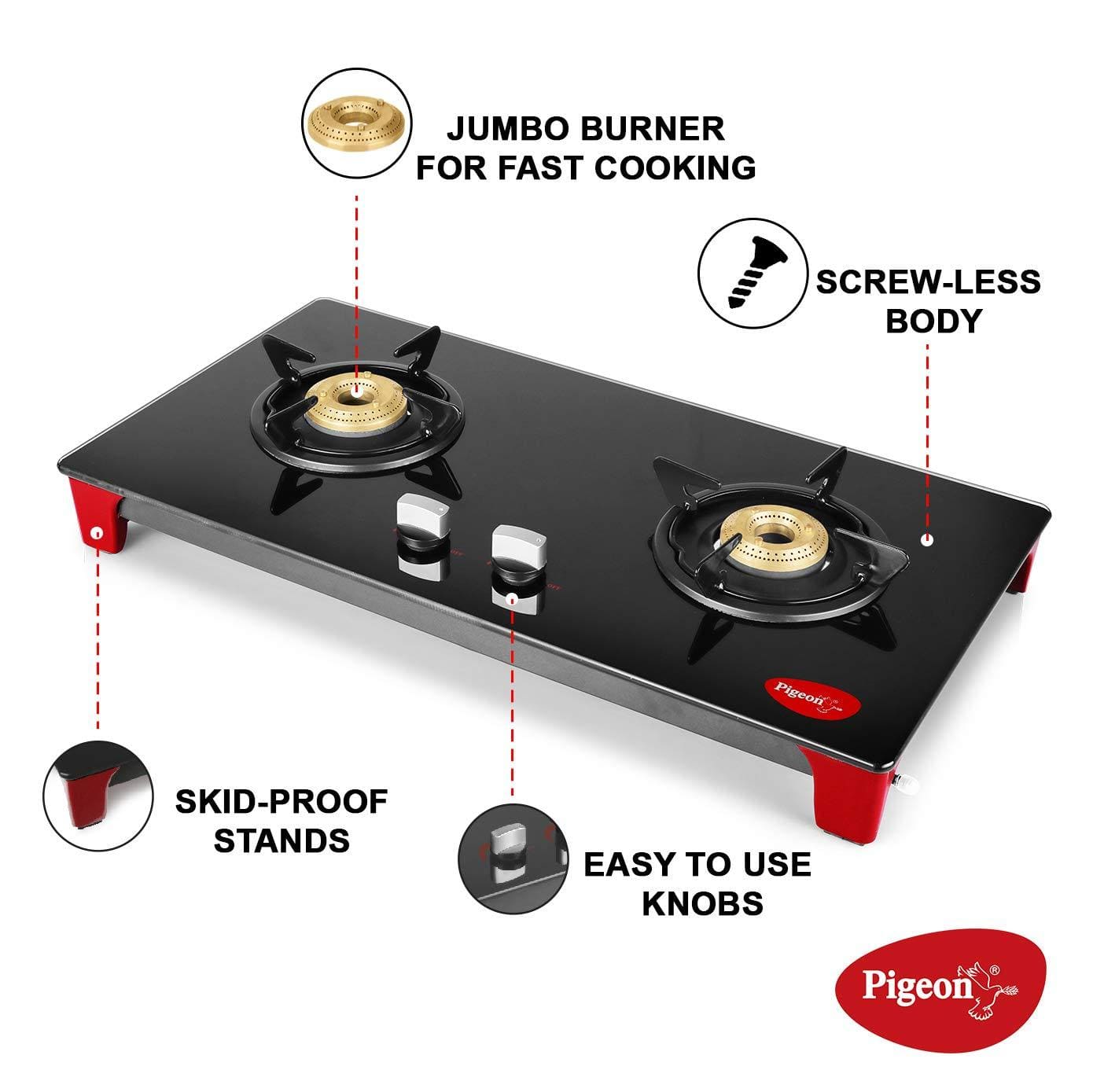 Pigeon by Stovekraft Infinity - 2 Burner Glass Top LPG Stove - KITCHEN MART