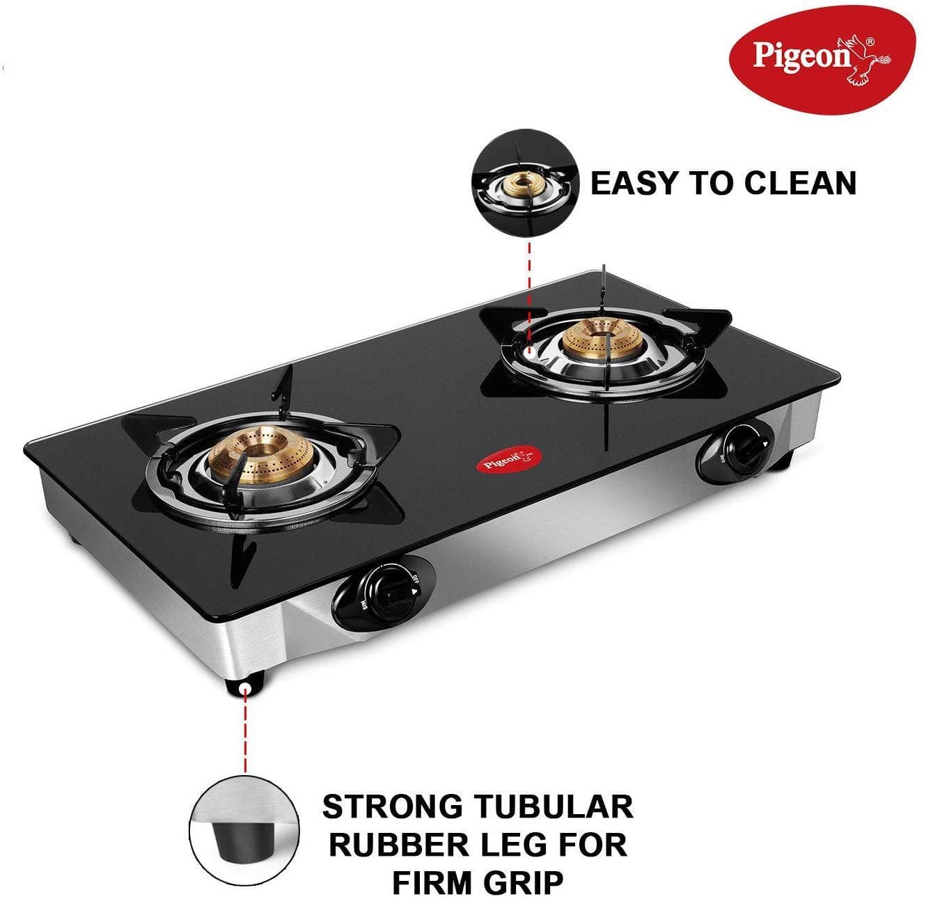 Pigeon By Stovekraft Favourite 2-Burner Glass Top Gas Stove, Black - KITCHEN MART