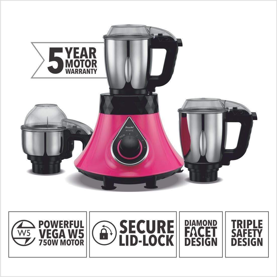 Preethi Mystic 750Watt Hands Free 3 Jars Mixer-Grinder (Pink) - KITCHEN MART