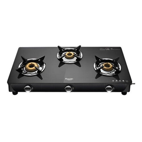 Preethi Valentino Glass Top 3 Burner Gas Stove, Manual Ignition, Black 8901225781212