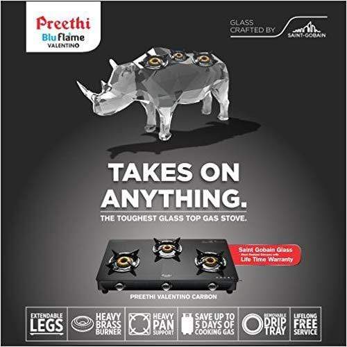 Preethi Valentino Glass Top 3 Burner Gas Stove, Manual Ignition, Black 8901225781212