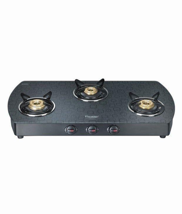 Prestige Premia Schott Designer Series GlassTop, 3 Burner Gas Stove, Black (GTS 03D) - KITCHEN MART
