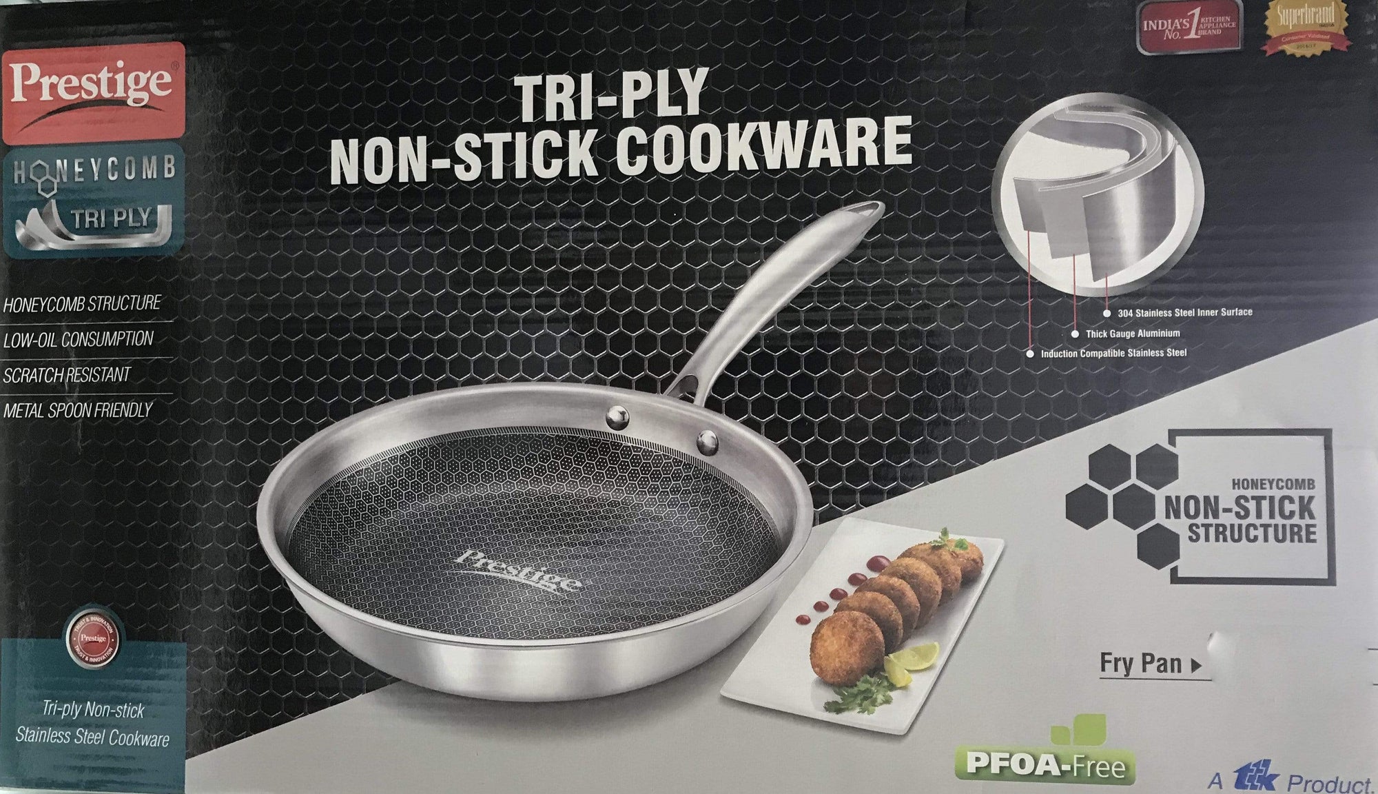 Prestige Tri-Ply Honey Comb Stainless Steel Frypan with Lid - KITCHEN MART