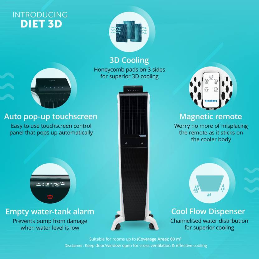 symphony Diet 3D 55i+ Tower Cooler - 55 Litres, White - KITCHEN MART