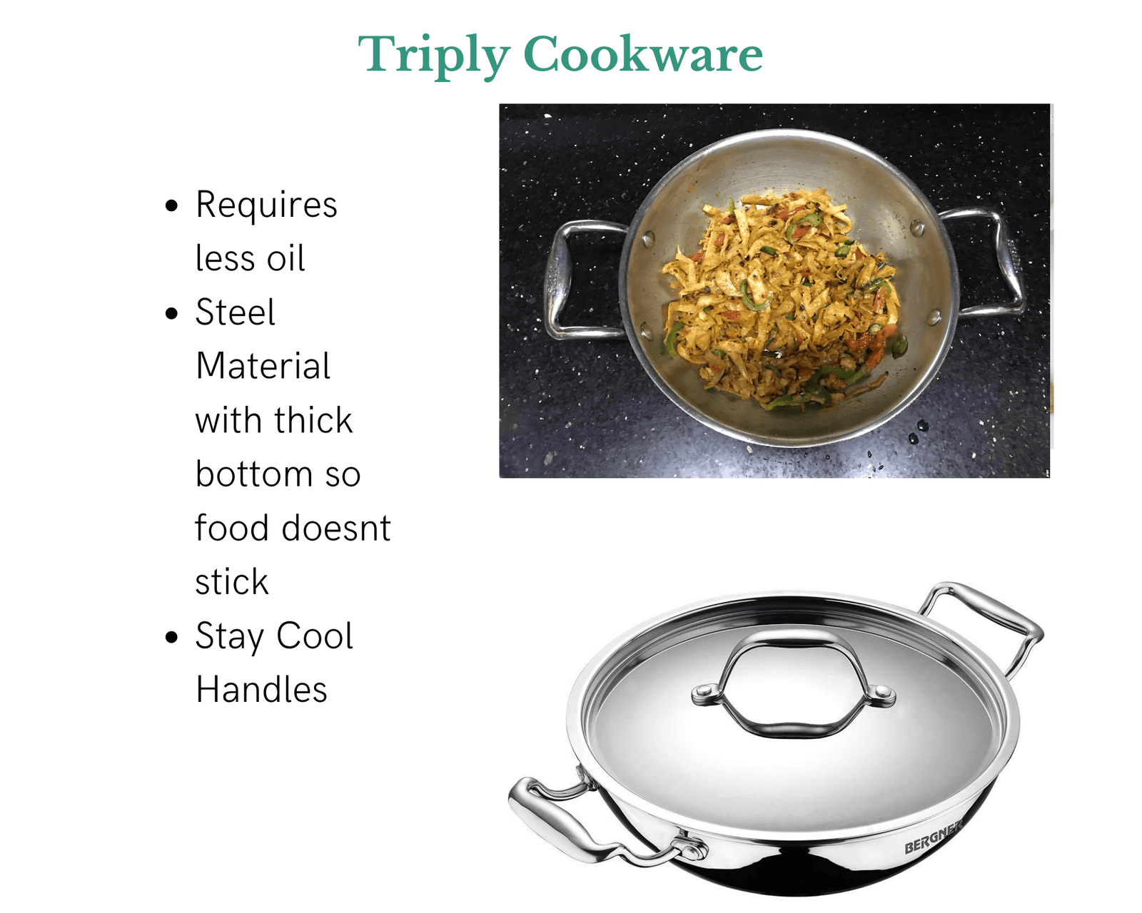 Triply cookware image showcasing stir-fried roti noodles and features like stay cool handles and less oil requirement.