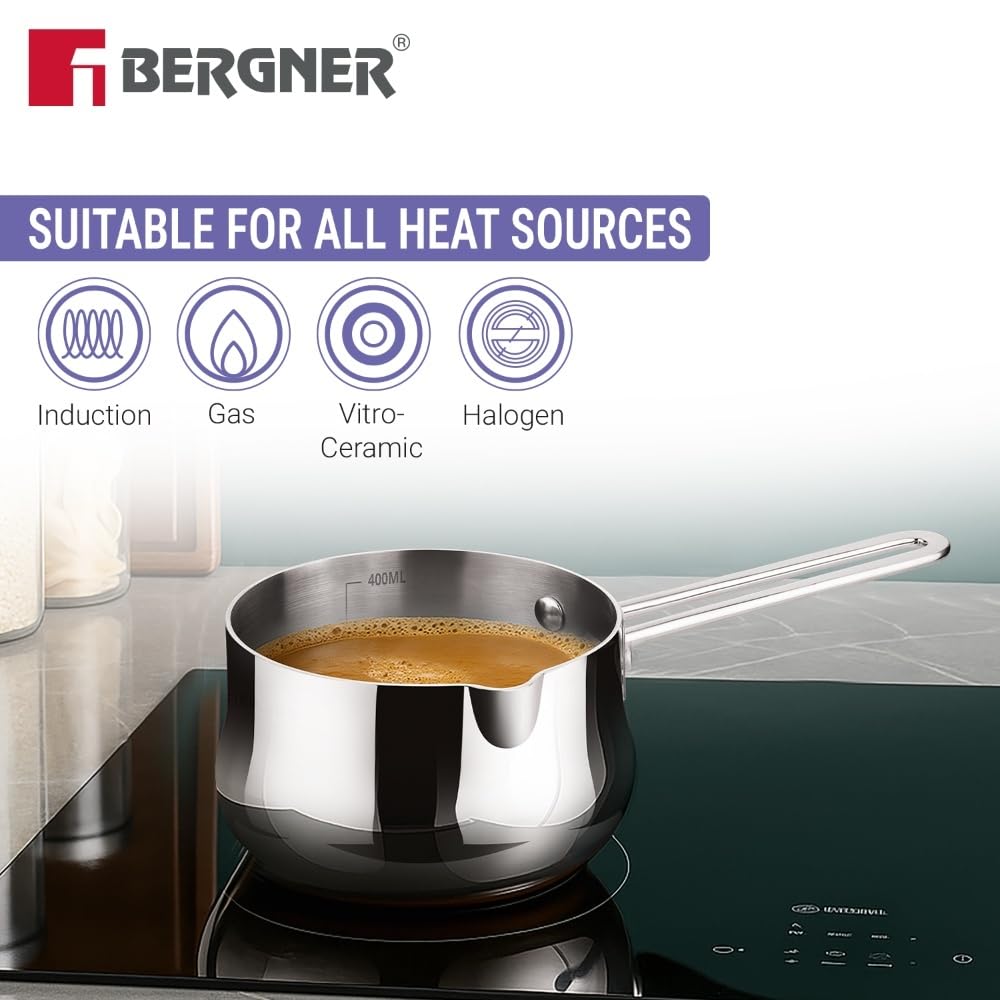 Stainless steel pot on a stove with Bergner branding and compatibility icons.