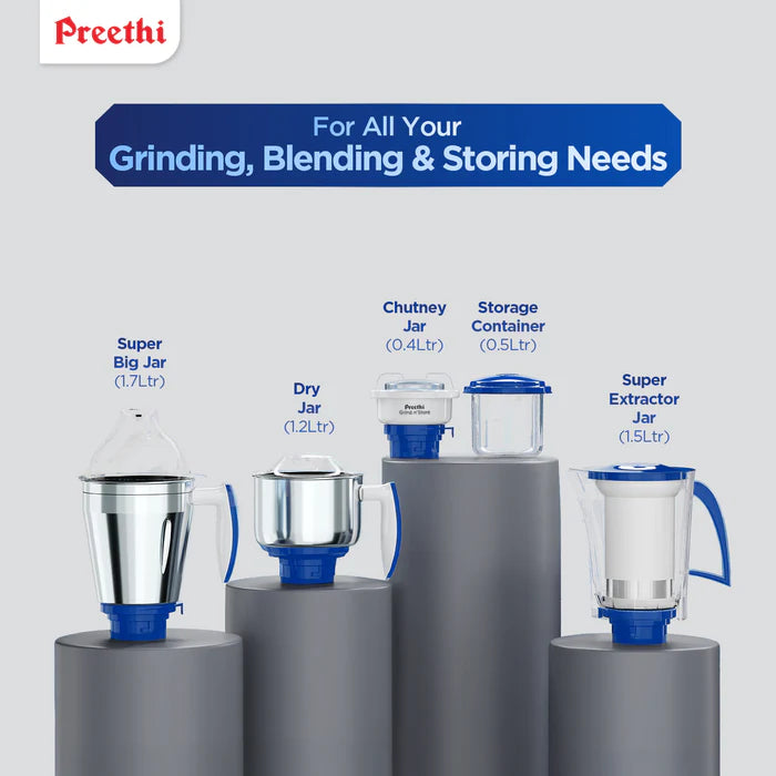 Preethi Blue Leaf Platinum 5.0 four jar mixer grinder in white and blue with stainless steel containers