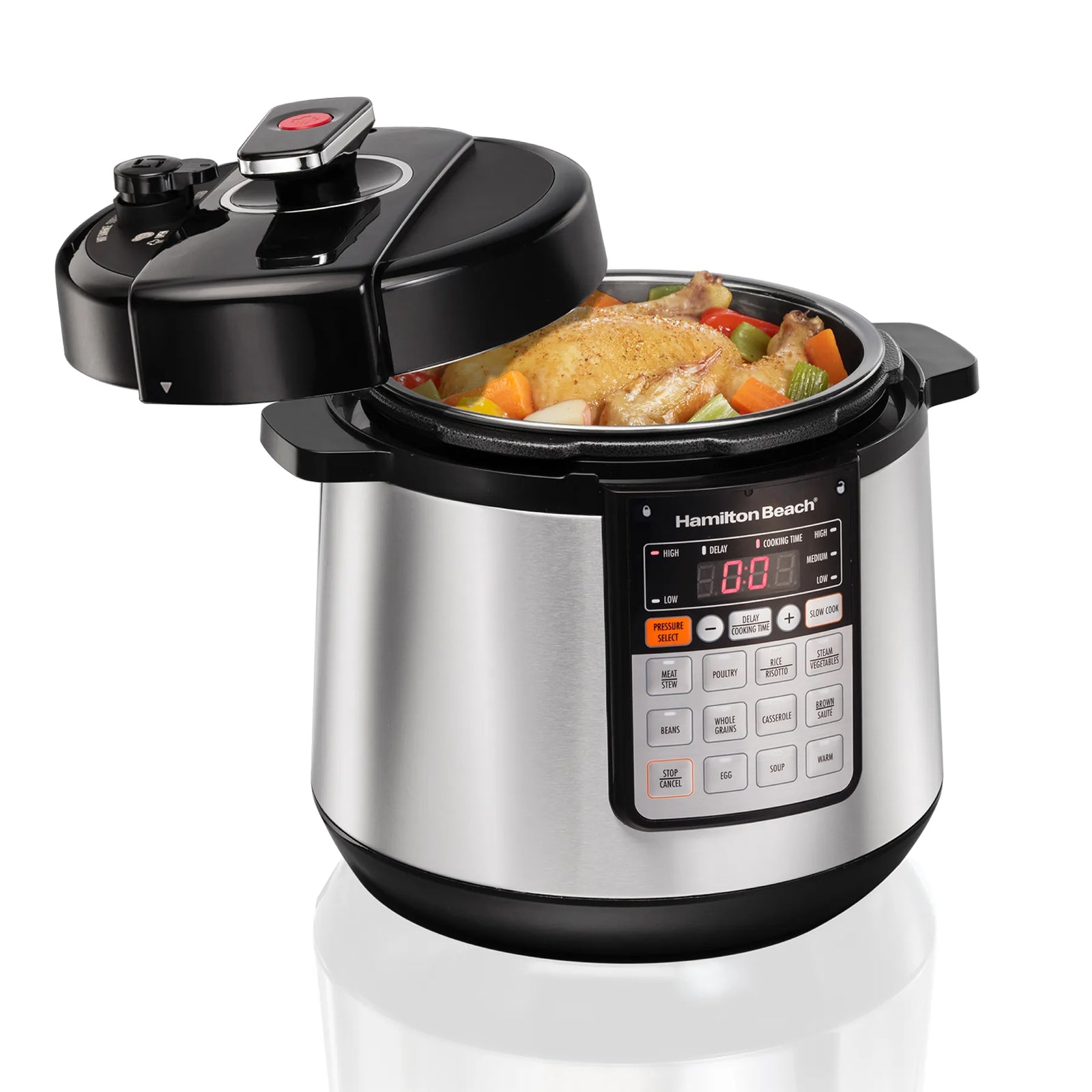 Hamilton Beach 10-in-1 electric pressure cooker with 5.7L stainless steel pot and digital display