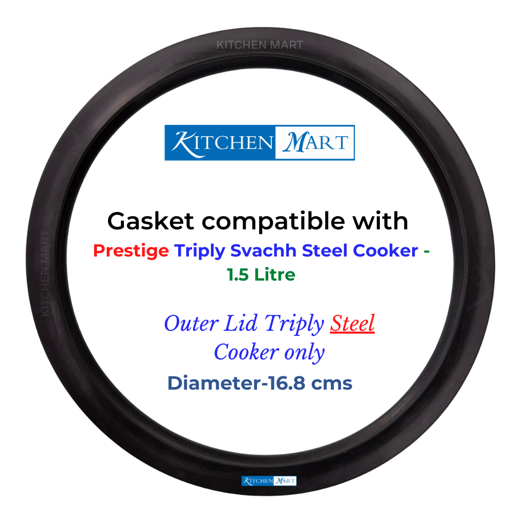 Black gasket compatible with Prestige Triply Svachh Steel Cooker, featuring Kitchen Mart branding.