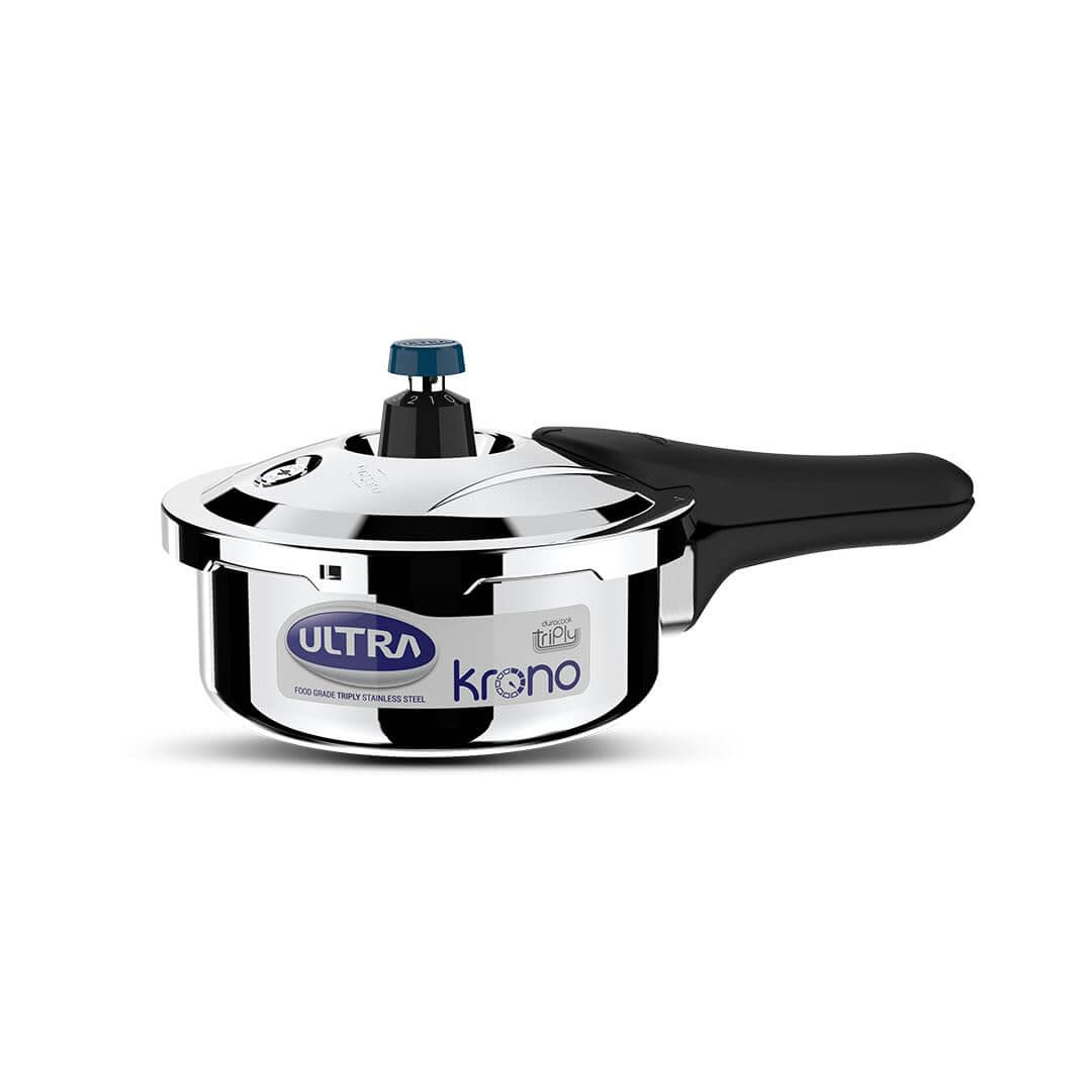 Ultra Triply Krono Pressure Cooker with Whistle Counter in AISI 304 stainless steel for precise cooking.