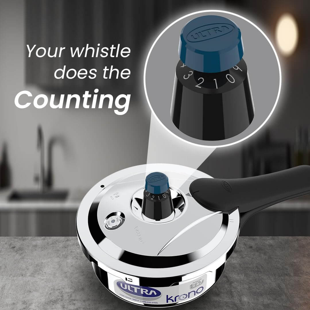 Ultra Krono pressure cooker with patented whistle counter technology for precise cooking timing.