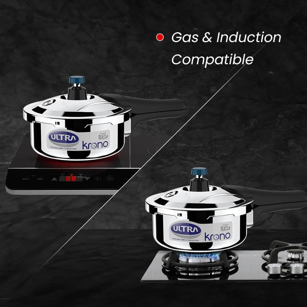 Ultra Triply Krono Pressure Cooker shown on gas and induction cooktops, highlighting compatibility with both.