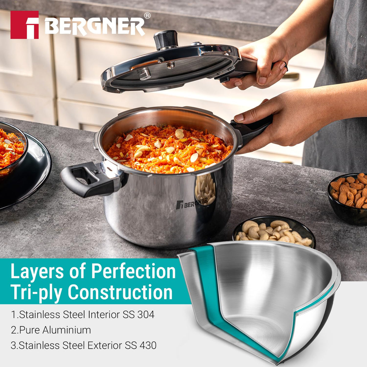 Bergner Argent Classic Triply Stainless Steel Pressure Cooker - Premium Quality