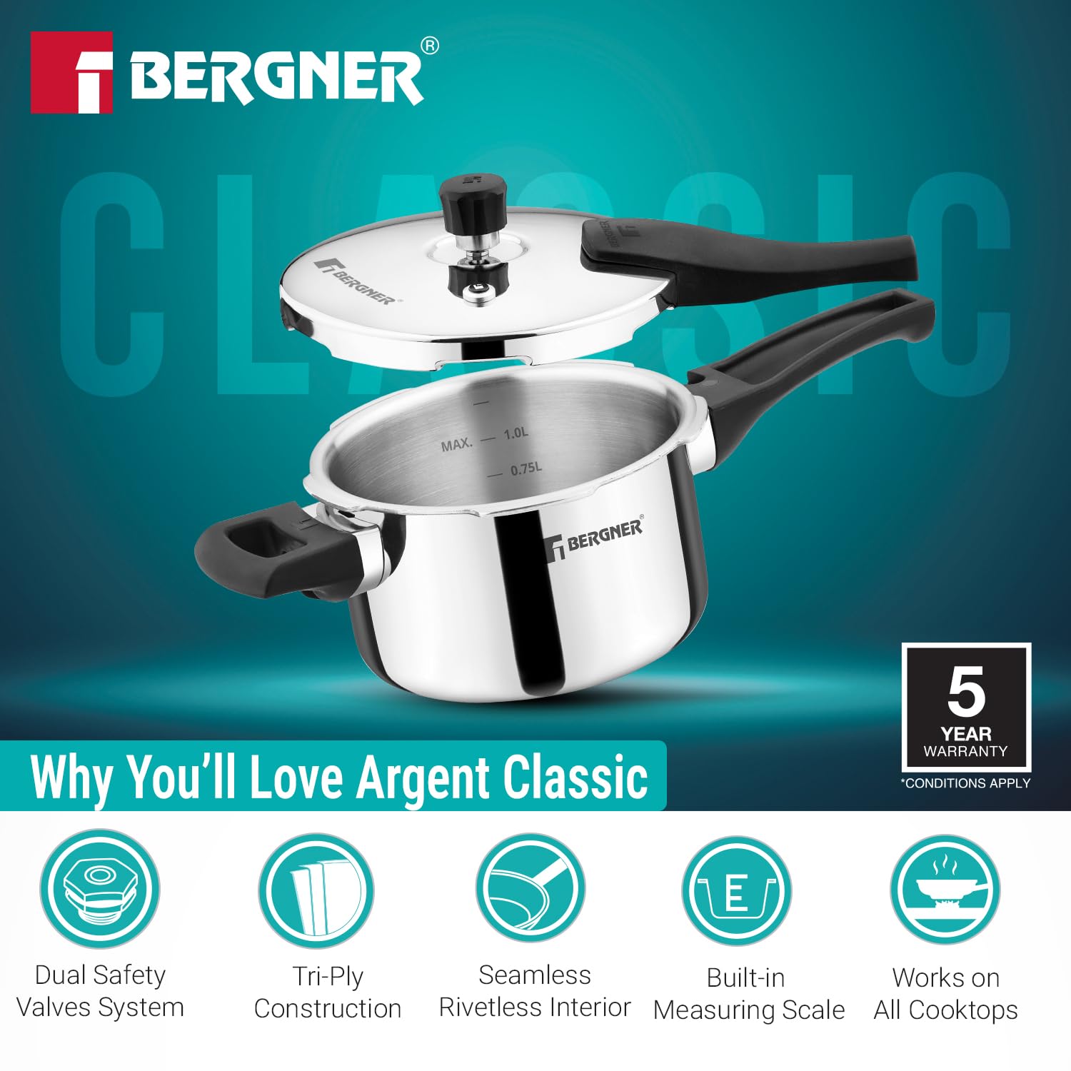 Bergner Argent Classic Triply Stainless Steel Pressure Cooker - Premium Quality