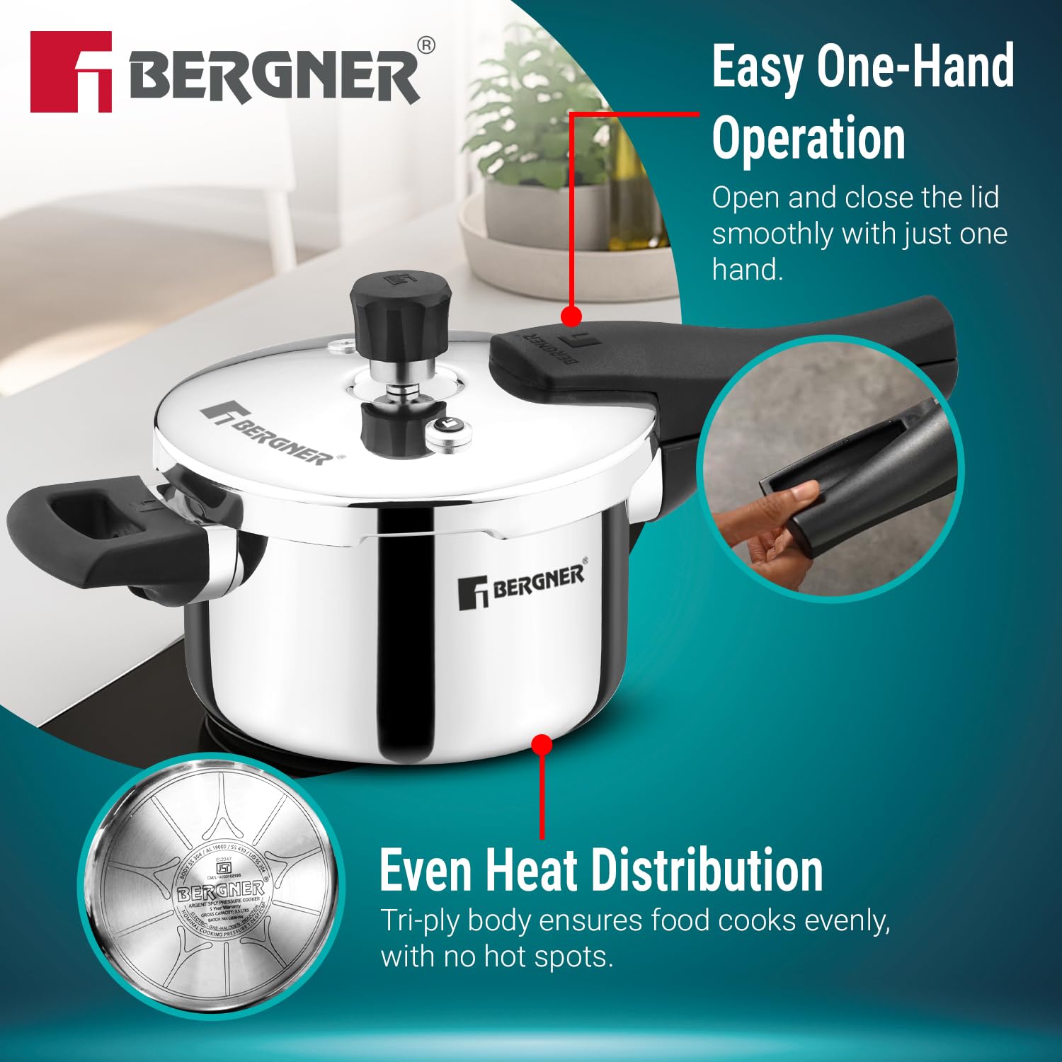 Bergner Argent Classic Triply Stainless Steel Pressure Cooker - Premium Quality