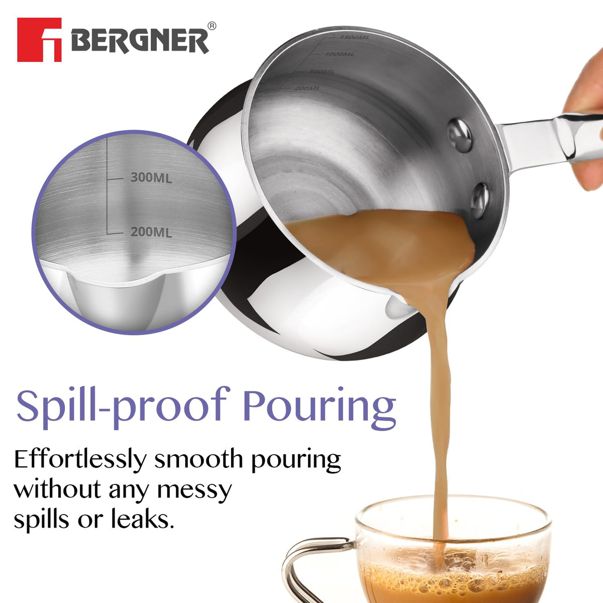 Bergner saucepan with spill-proof pouring feature, showing coffee being poured into a glass.