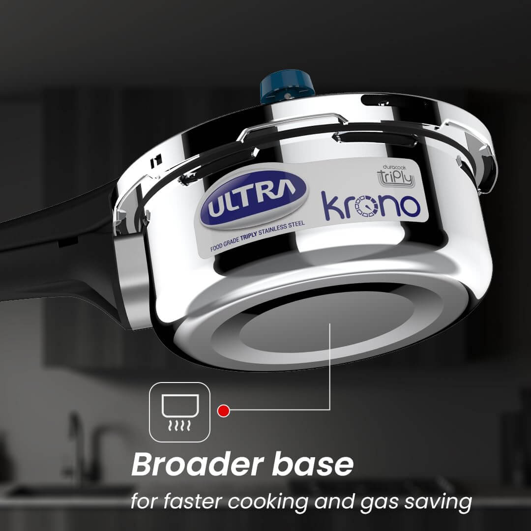 Ultra Triply Krono Pressure Cooker featuring broader base for faster cooking and energy efficiency.
