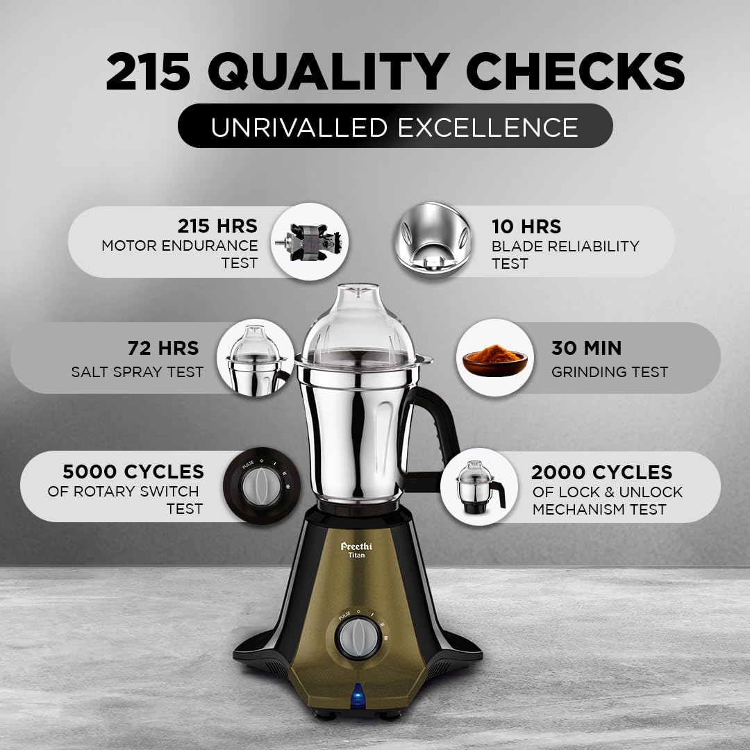 Side profile of Preethi Titan 1000W Mixer Grinder highlighting its compact design